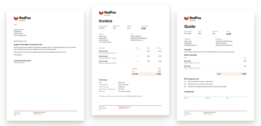 RedFox Branding letter, invoice and quote templates