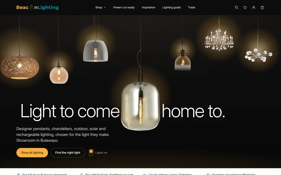 Beacon Lighting home page with glowing pendant lamps hanging over the headline