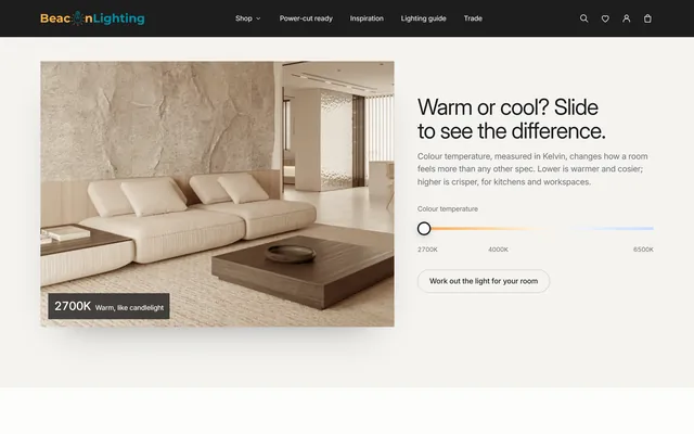 Colour temperature slider beside a living room shown in warm light