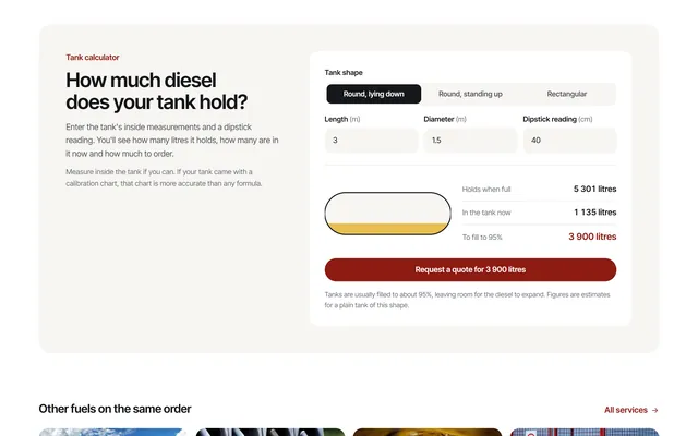 Tank calculator showing capacity, litres in the tank and the amount to order