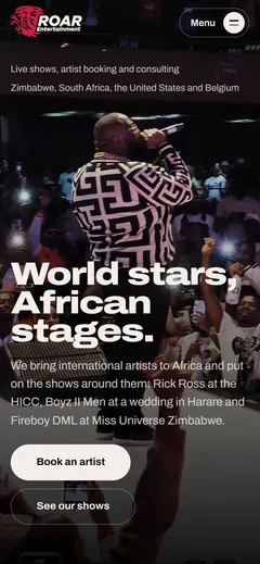 Roar Entertainment home page on a phone with the concert hero